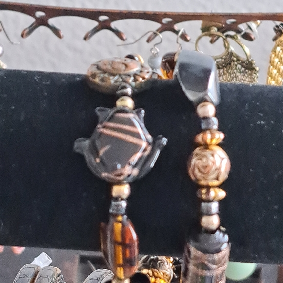 Black & Amber Art Glass, Golden and Hematite Charm Double Strand Beaded Bracelet - Picture 6 of 12